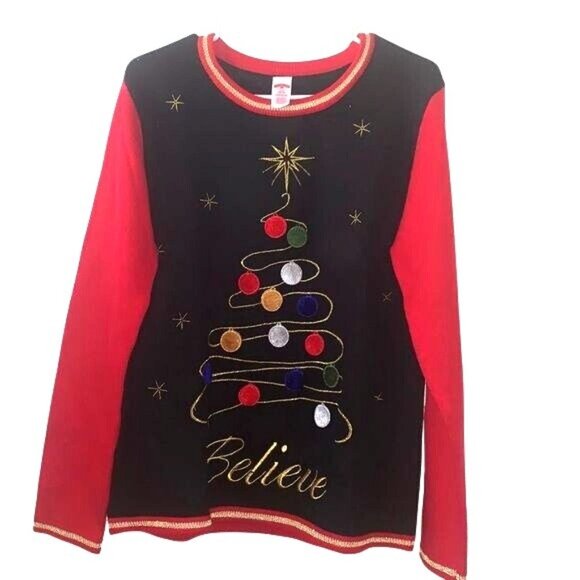 Holiday Time Believe Christmas Sweater Red & Black L/G(12-14) Acrylic Long Sleev - Picture 1 of 7